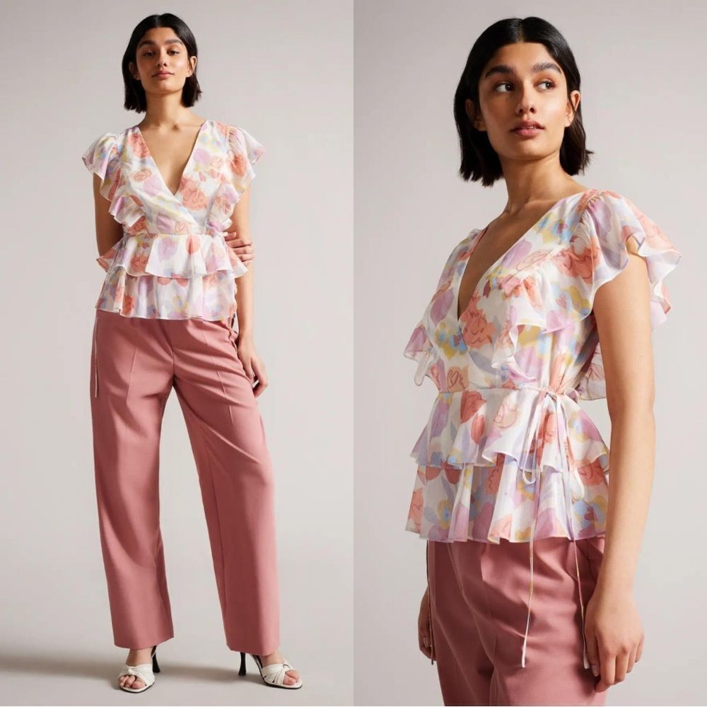Ted Baker Rowyn Frill Side Tie Deep V-Neck Ruffle Sleeveless Floral Blouse 4